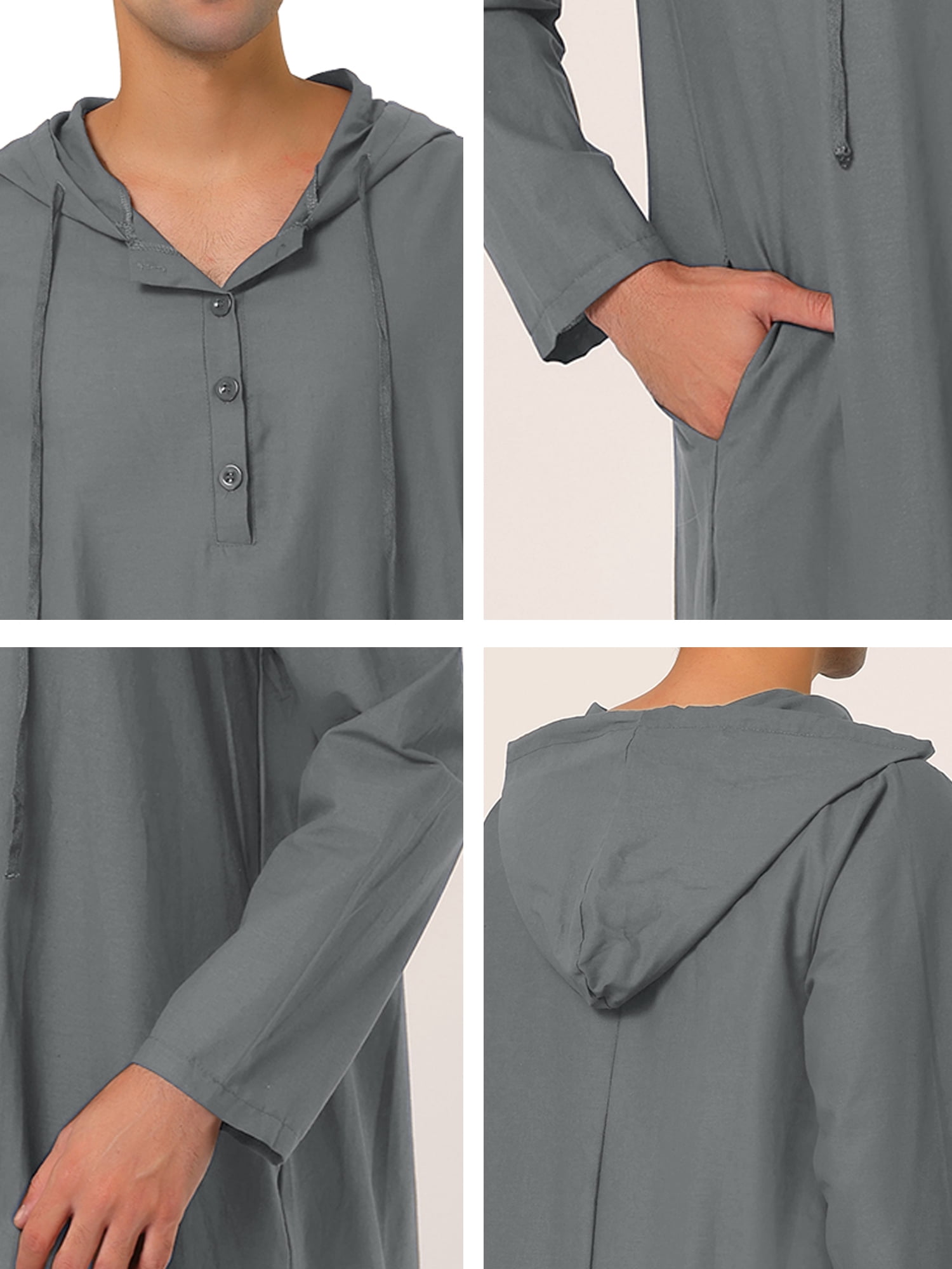 Unique Bargains Men's Nightshirt Long Sleeves Hooded Loungewear Nightgown Pajamas S Gray