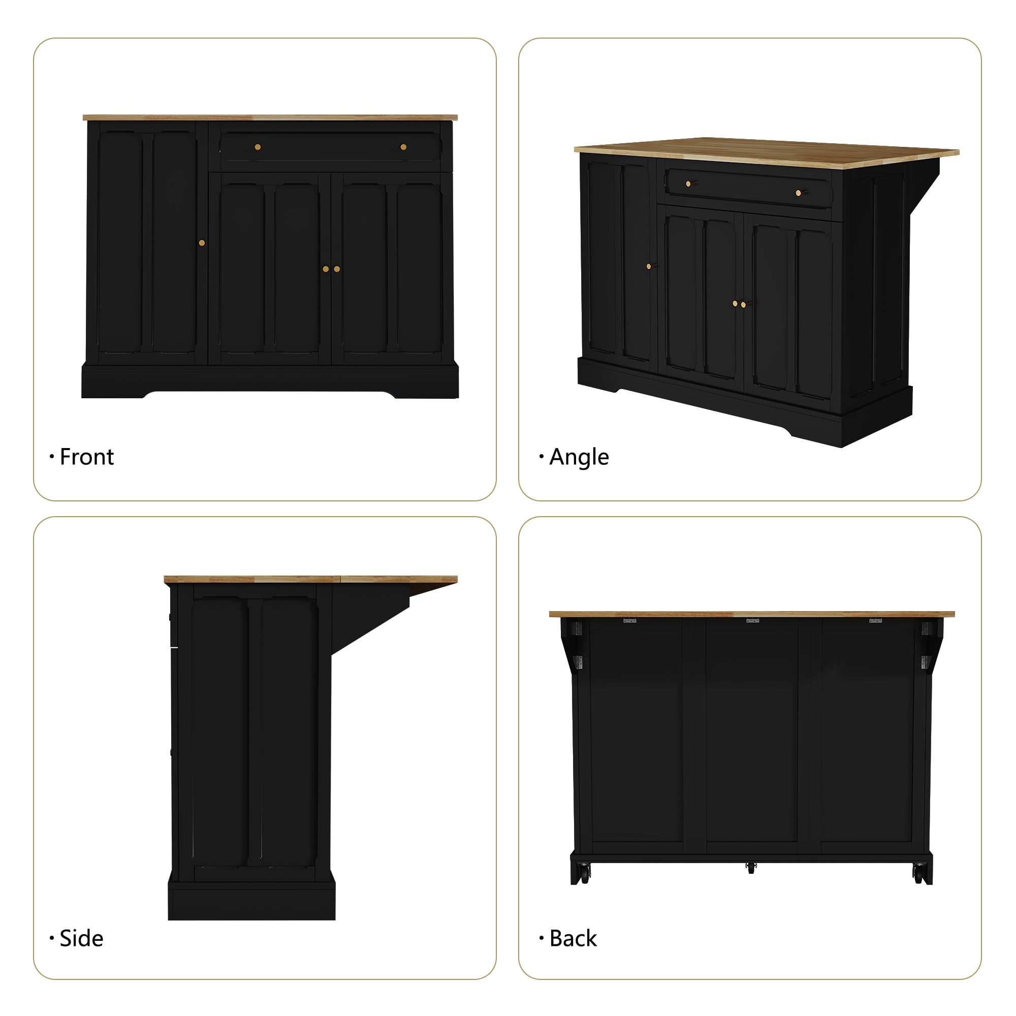 CBJCBJ 47.2" Modern Rolling Kitchen Island with Drop Leaf, Kitchen Cart with Storage, Black
