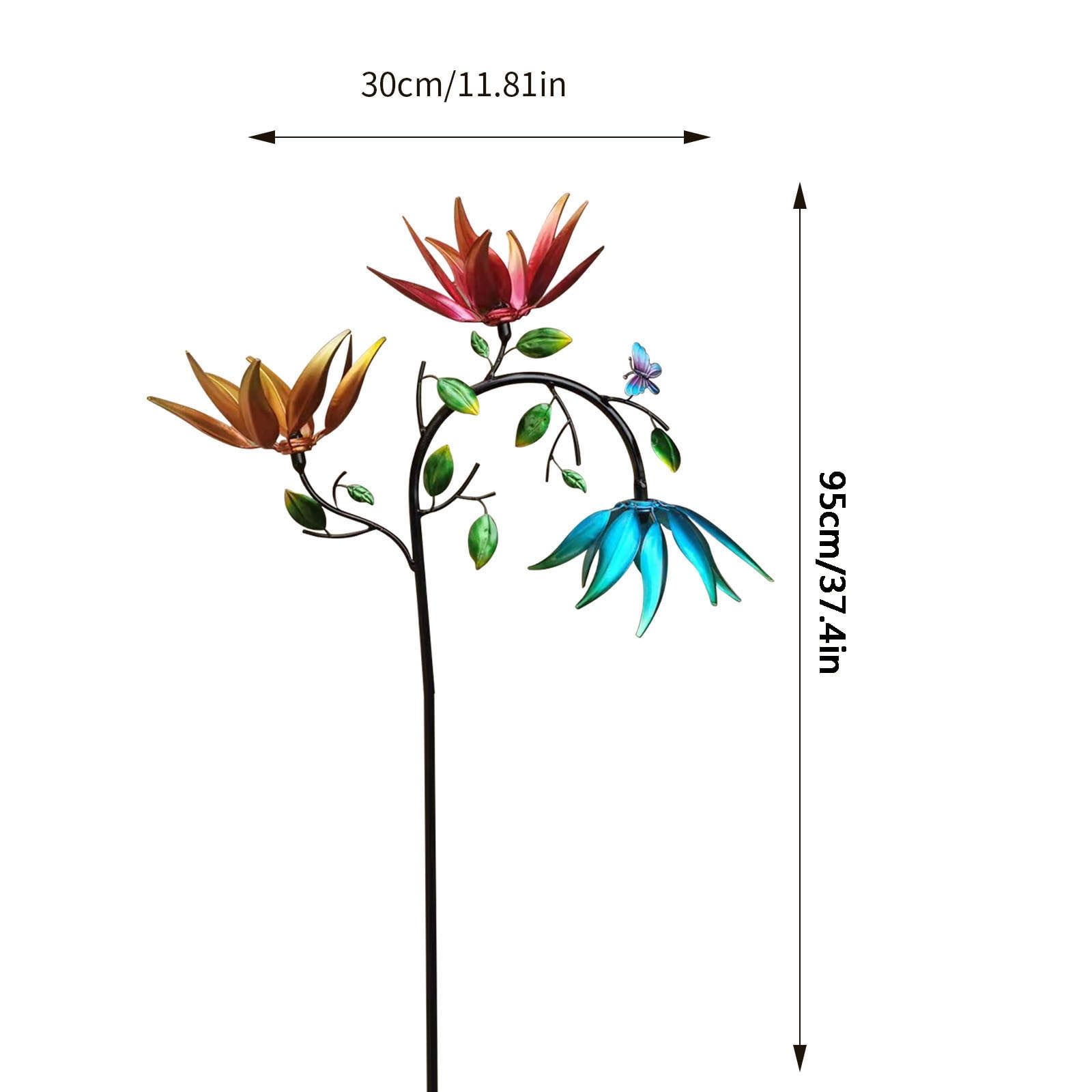 Large Metal Wind Spinner with 3 Spinning Flowers and Butterflies, Outdoor Garden Art Decor, 95x30cm Iron Yard Ornament, Set of 2