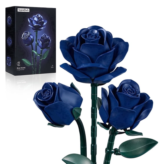 SupreOwls Blue Rose Building Block Flower Set, Artificial Flower Kit, Abs Plastic Botanical Construction Set for Adults, Home Desk Decor Gift