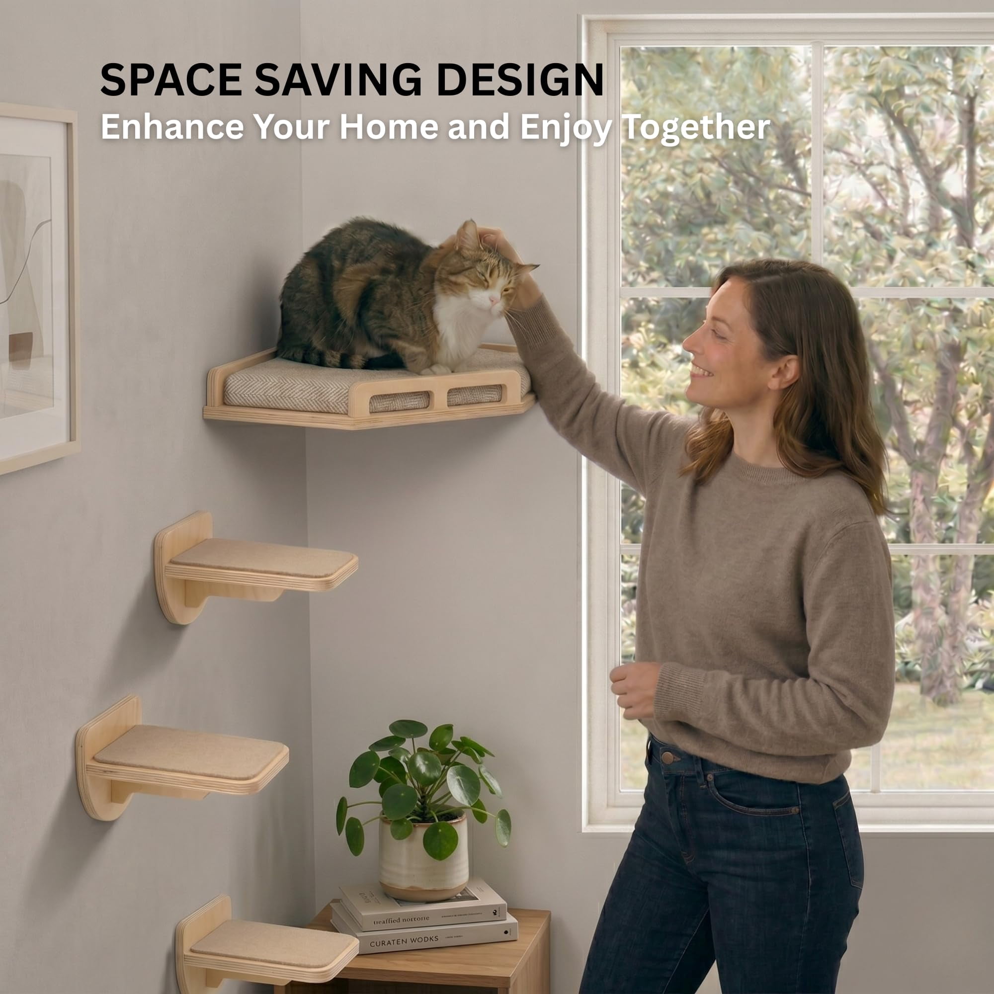 Cat Wall Shelves - Safe And Sturdy Furniture Stylish Corner Shelf With 3 Steps For Cats Up To 15lbs Cushioned Perch Stairs Climbing Playing Wood