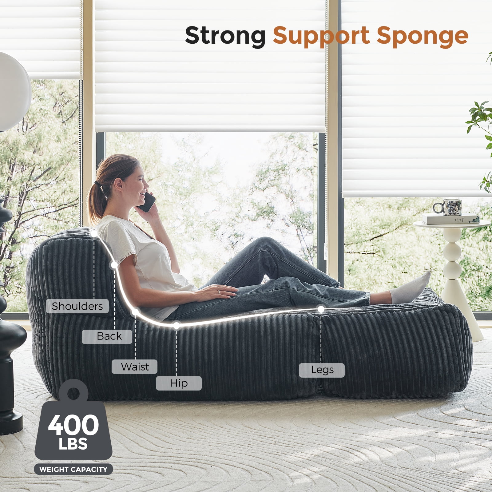 GOLUCKY Bean Bag Sofa, Large Beanbag Chair for Adults, Bean Bag Couch with Memory Foam Filled for Living Room, Bedroom, Dorm, or Balcony, Grey