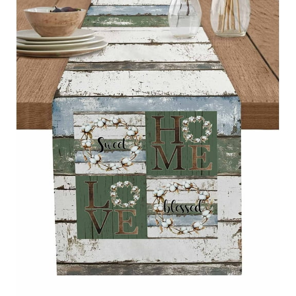 Farmhouse Home Vintage Burlap Cotton Table Runner 13x36 Inches Short, Green Beige Wooden Rustic Farmhouse Table Runners, Outdoor Dining Tablecloths Decor for Baby Shower/Party/Wedding