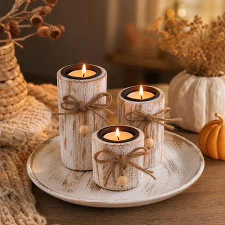 Wooden Candle Holder Set of 3 with Tray - Vintage Nordic Style Tabletop Decor for Halloween Thanksgiving Christmas Home Living Room Mantel Shelf Rustic Holiday Party Supplies