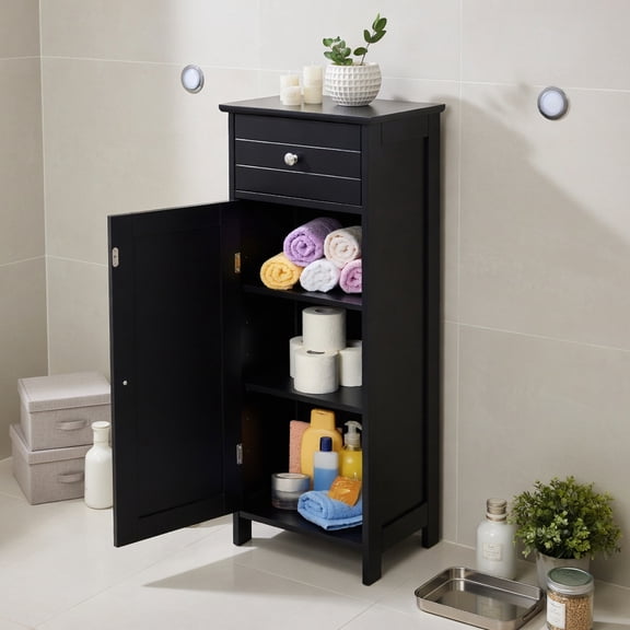 Resenkos Wooden Storage Free-Standing Floor Cabinet with Drawer and Shelf-Black, Bathroom Cabinets for Entryway Storage, Home Office Furniture