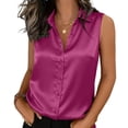 thumbnail image 2 of Husipze Womens Silk Satin Sleeveless Button Down Shirts Blouses Solid Casual Loose V Neck Classic Tank Tops for Work Office Hot Pink L, 2 of 6