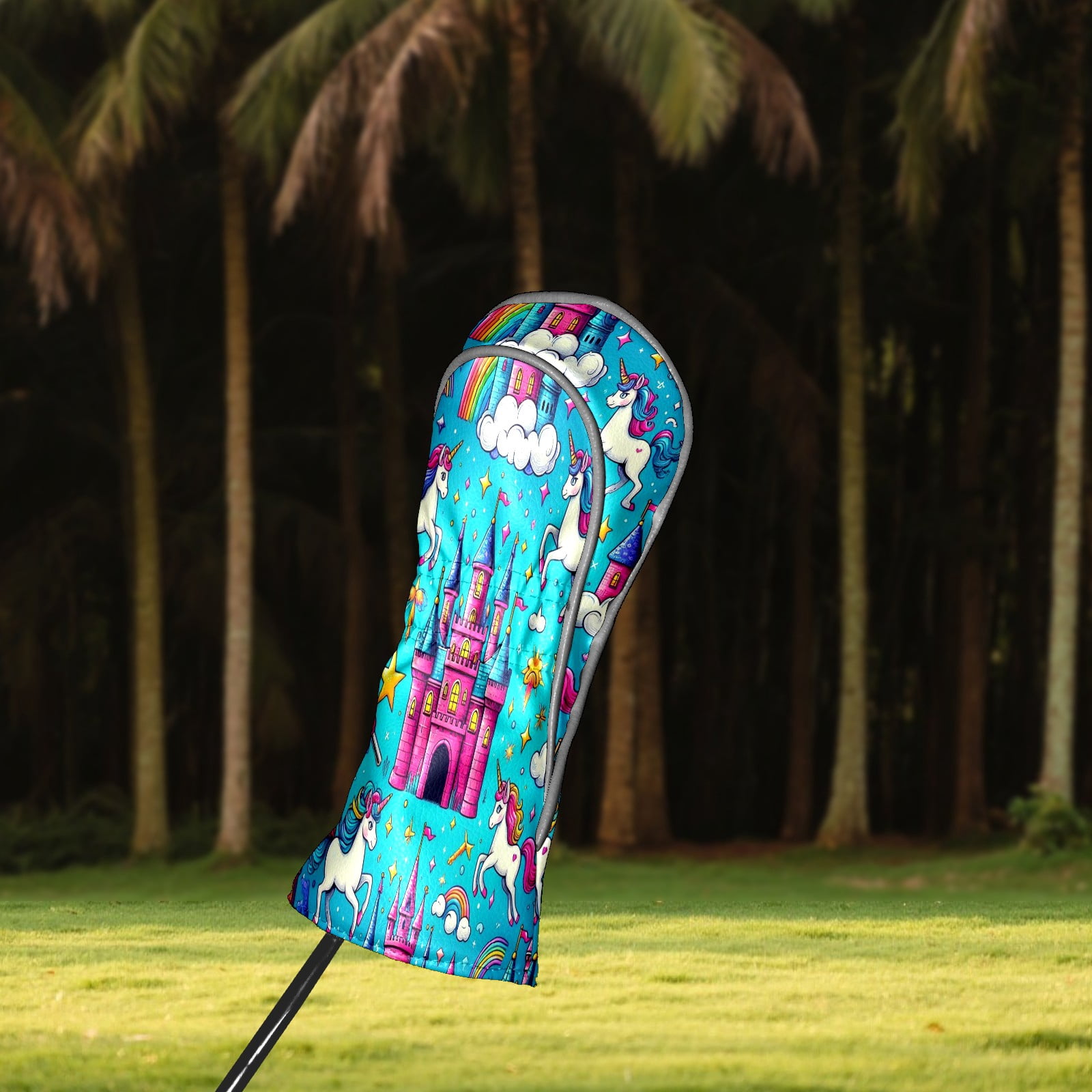 Golf Club Head Covers Rainbow Unicorn Castle for Driver and Fairway Woods, Premium PU Leather, Waterproof, Velvet Lining, Unisex Golf Gift