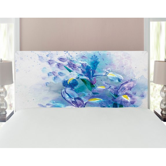 Watercolor Flower Headboard, Floral Background Irises in Fresh Colors Nature Earth, Upholstered Decorative Metal Bed Headboard with Memory Foam, Full Size, Lilac Teal Ecru, by Ambesonne