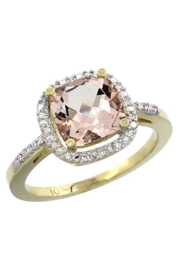 14K Yellow Gold Natural Morganite Ring Cushion-cut 8x8mm Diamond Accent, size 7.5
