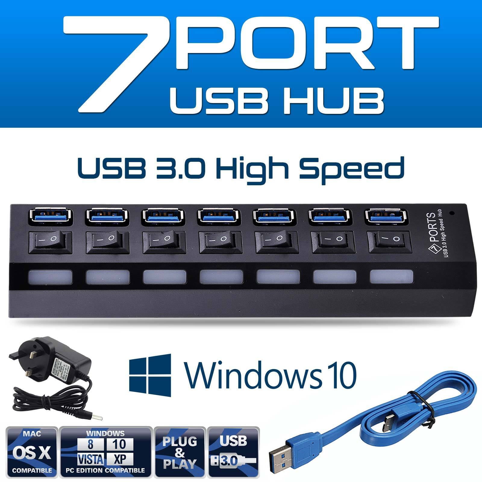7-Port USB 3.0 SuperSpeed Hub with 5V/500mA Power Adapter and Per-Port Switches