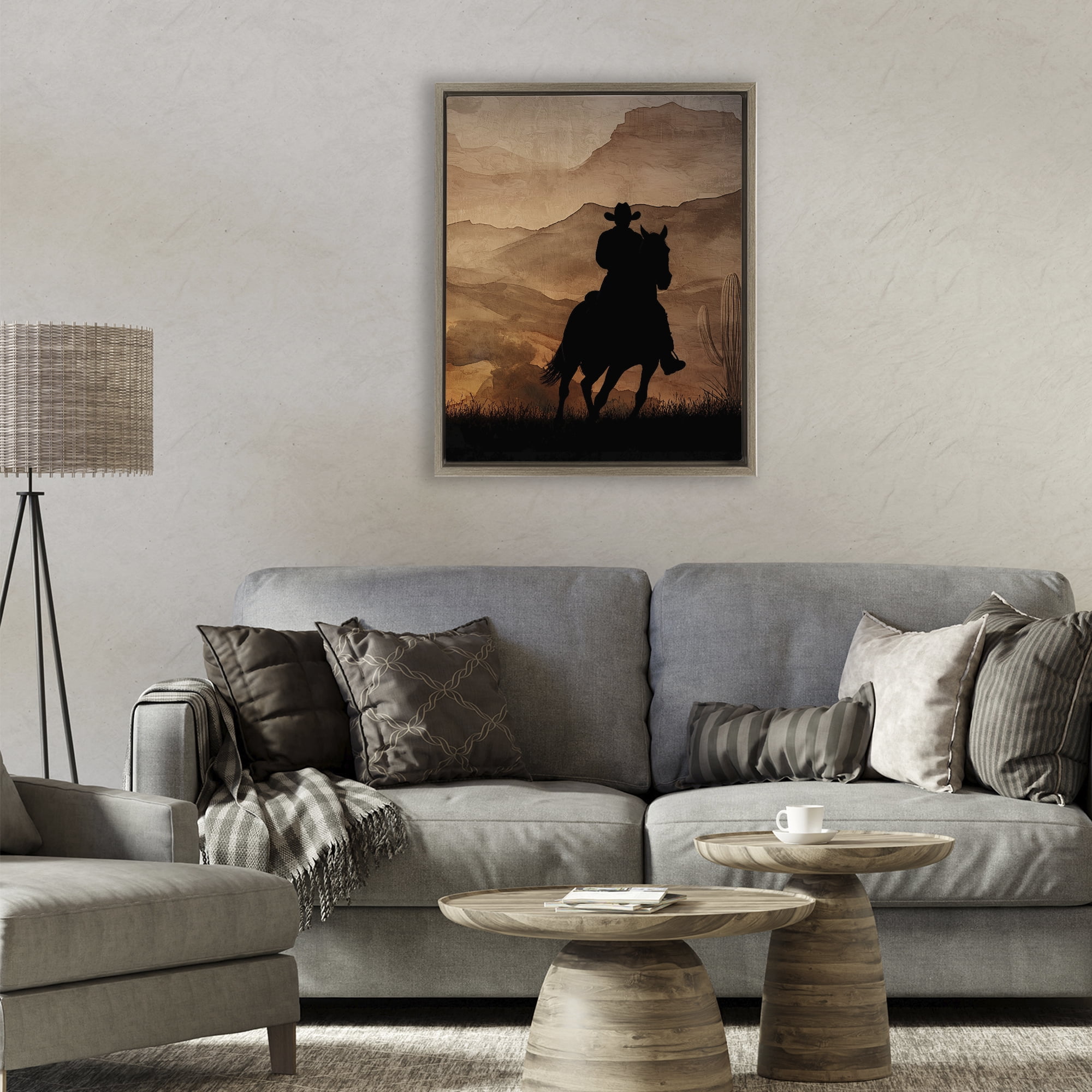 Stupell Industries Cowboy's Sunset Ride Brown Framed Floater Canvas Wall Art, design by Kim Allen