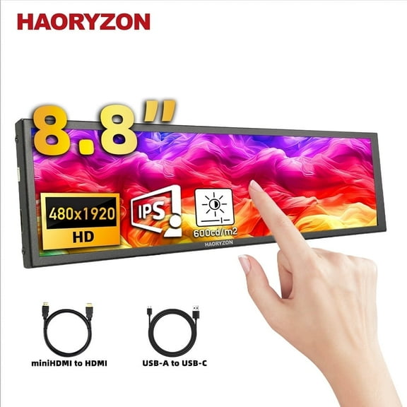 Sidebar Display 8.8 inch 480x1920 Strip LCD Screen Portable Bar Monitor IPS Touchscreen HDMI Longitudinal Display 600cd/m2 Brightness Display for Raspberry Pi PC Windows Laptop Black