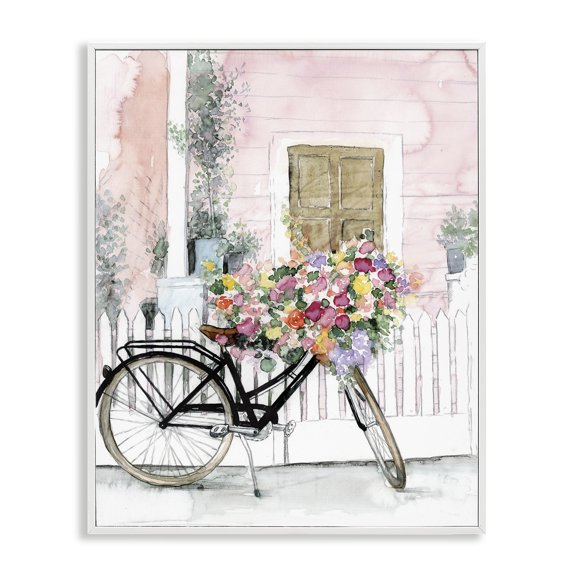 Stupell Industries Watercolor Bicycle Bouquet Botanical & Floral Painting White Framed Art Print Wall Art, 16 x 20