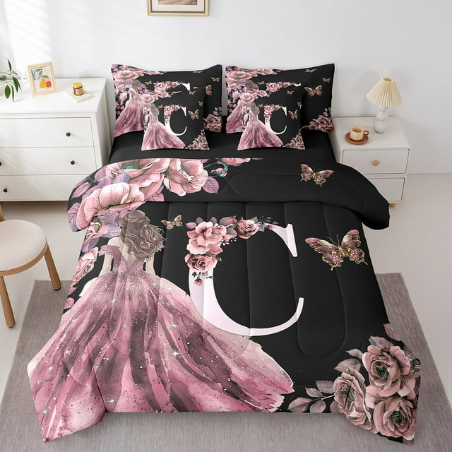Erosebridal Literie Lettre C Initiale Format Simple, Ensembles de Literie Fleur de Rose Format Simple, Ensemble de Lit Réversible Robe de Princesse à Paillettes, Décoration de Chambre Super Douillette, 7 Pcs