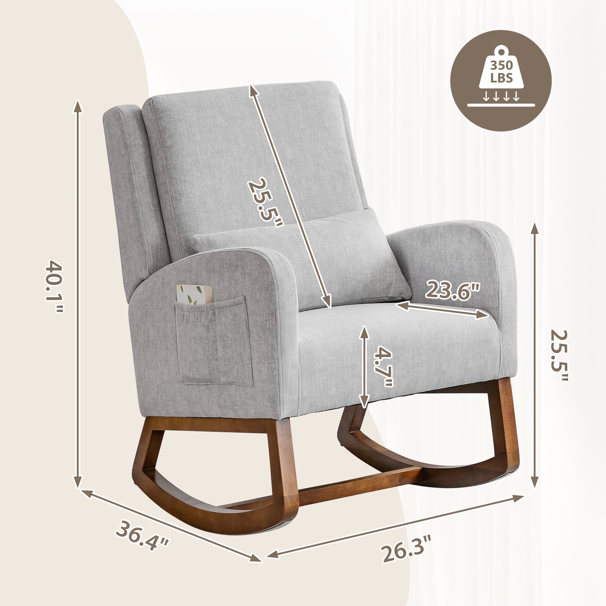 Nursery Rocking Chair, Indoor Upholstered Rocking Chair for Living Room, Modern Glider Rocker Chair w/Pillow, High Back Padded Seat Side Armchair (Grey)