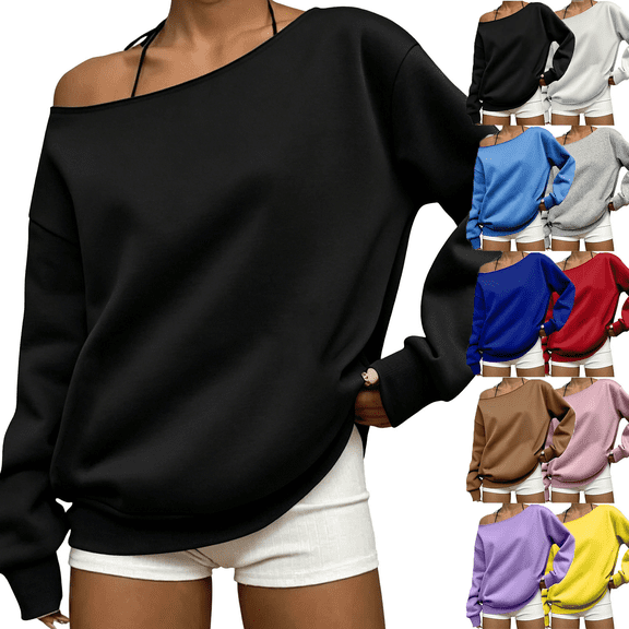 Liuinsasek Women Long Sleeve Off The Shoulder Asymmetrical Shoulder Sweatshirts Casual With Pockets Long-Sleeve Sweatshirt