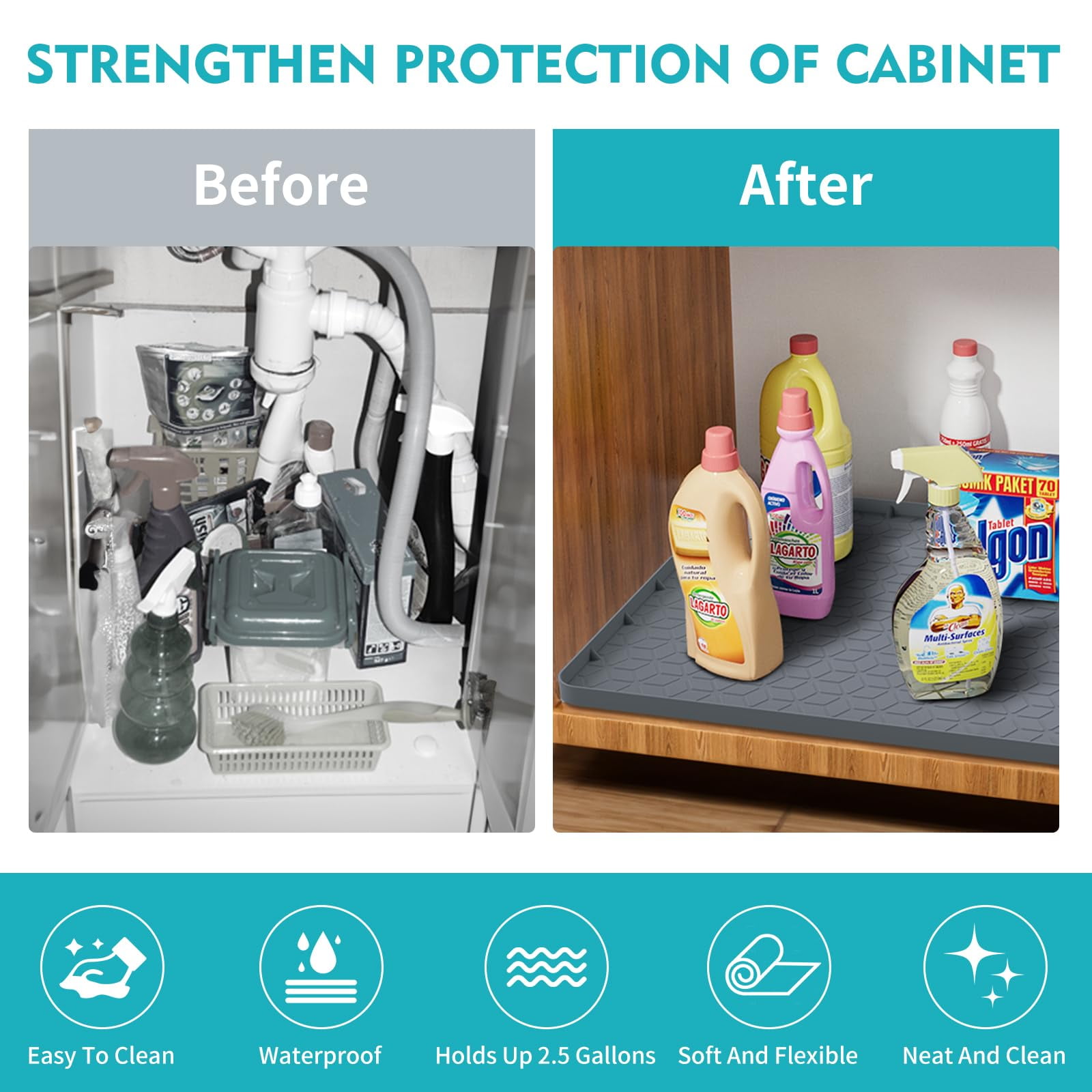 Under Sink Mat for [34" x 22" ] Cabinet, Silicone Under Sink Liner, Kitchen Cabinet Liner Holds Over 2.2 Gallons, Cabinet Protector, Under Sink Tray for Drips, Leaks, Spills