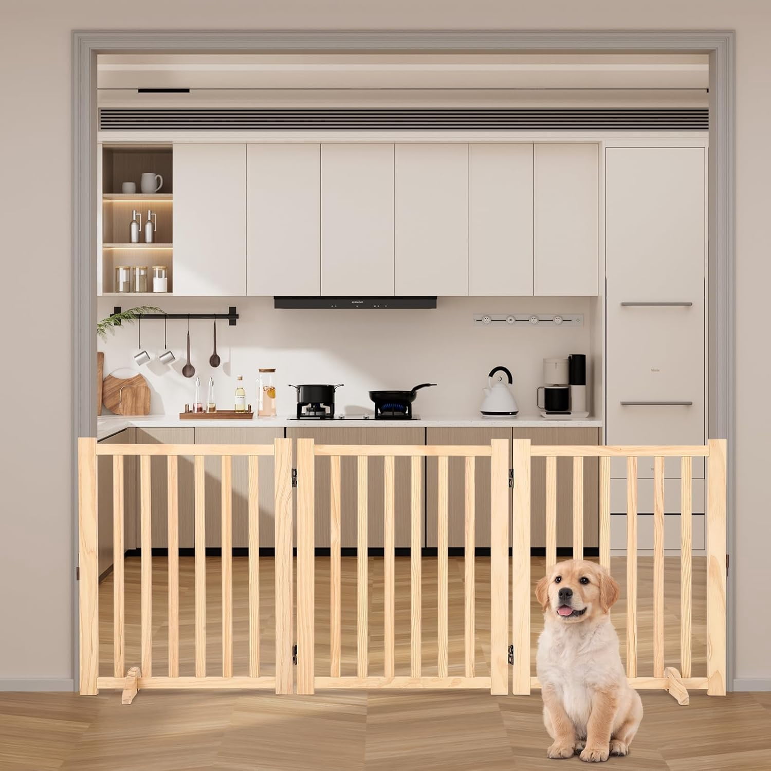 3-Piece 24" Wood Dog Door - Freestanding Pet Door with Non-Slip Pad, No Drilling Required! Hardwood Folding Door for Stairs, Kitchens, Doorways (Natural Wood)
