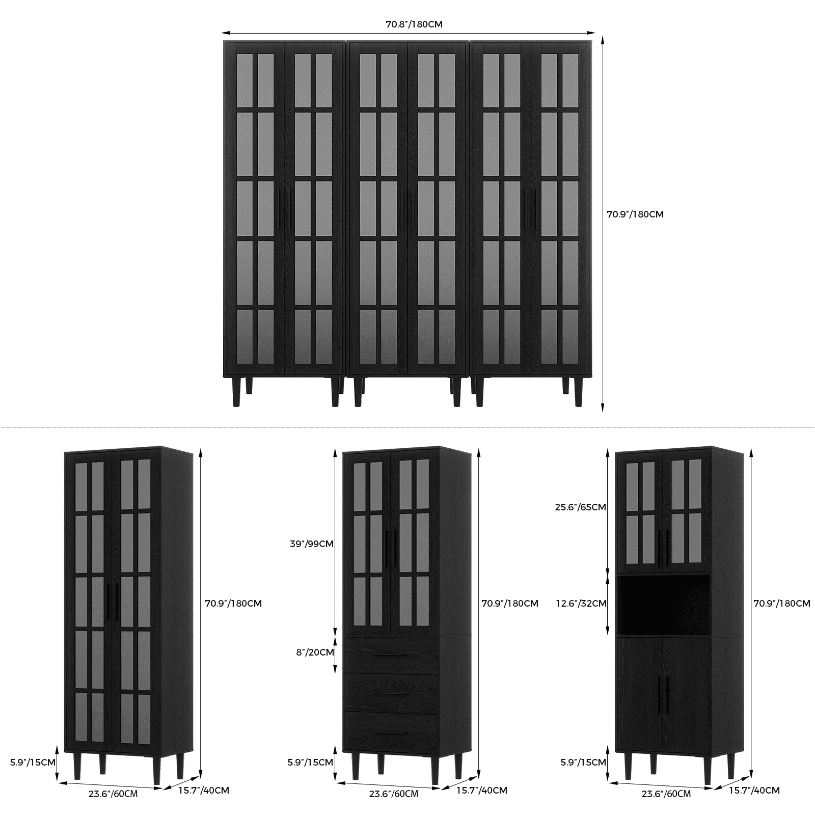 RichYa 3Pcs Bookcases with Doors,5-Tier Bookshelves with Storage Cabinet,Combination Display Cabinets for Home Office,Black(AAA)
