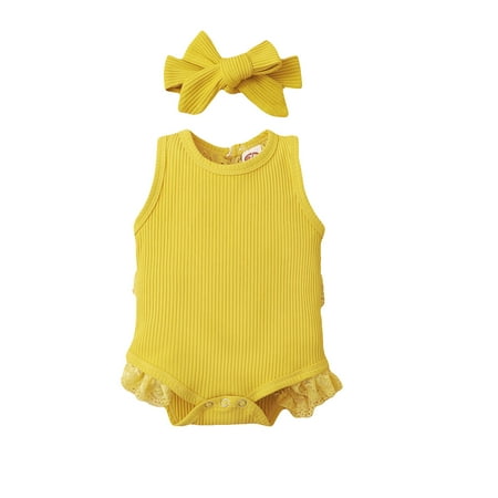 

Newborn Infant Baby Girl Vest Solid Ribbed Lace Romper Bodysuit+Headband Set