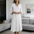 thumbnail image 5 of Bosfbaoi Linen Dresses for Women Collared Half Button 3/4 Flounce Sleeve Loose Midi Dress, 5 of 6