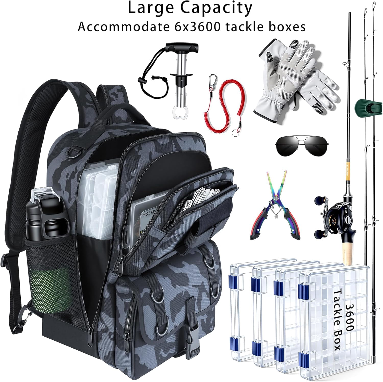 YOLIBON Fishing Backpack with Tackle Boxes & Gear - Waterproof Sling Bag with Rod Holder, Lures, Pliers & Fish Gripper Starter Kit