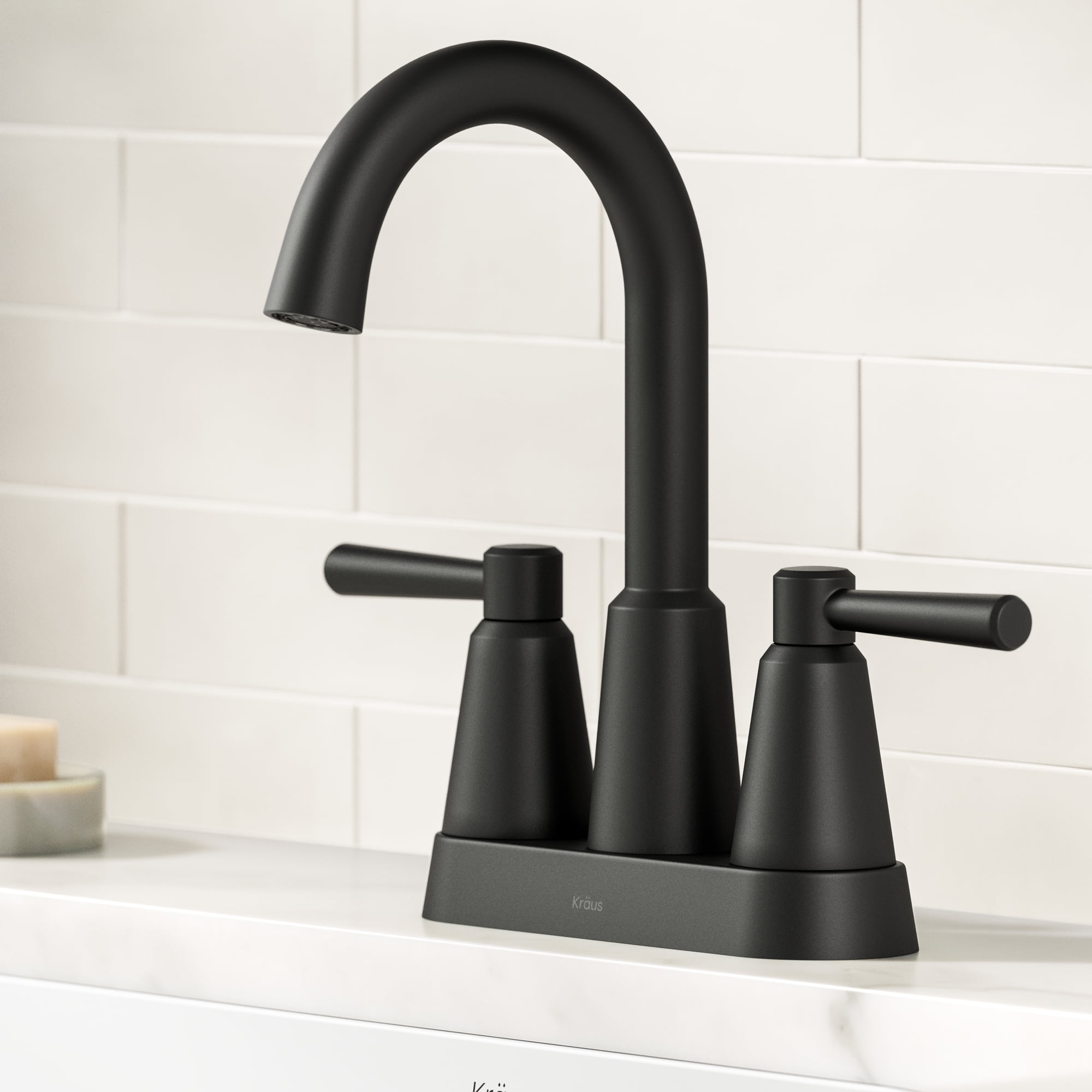 KRAUS Ramus 2-Handle 4-inch Centerset Bathroom Faucet in Matte Black with Pop Up Drain and Supply Lines