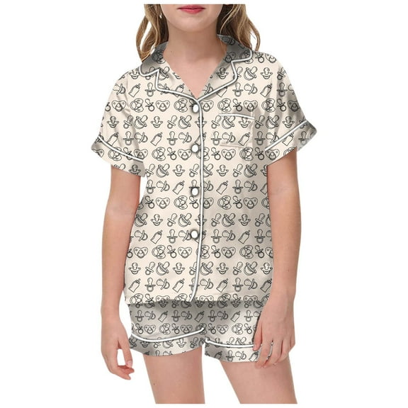 Girls Easter Pajamas Size 8 Cartoon Bunny Active Short Sleeve & Short Pants Outfit Button Down Sleepwear Set 2-Piece Sleepwear Pjs for Kids 4-5 Years(Beige)