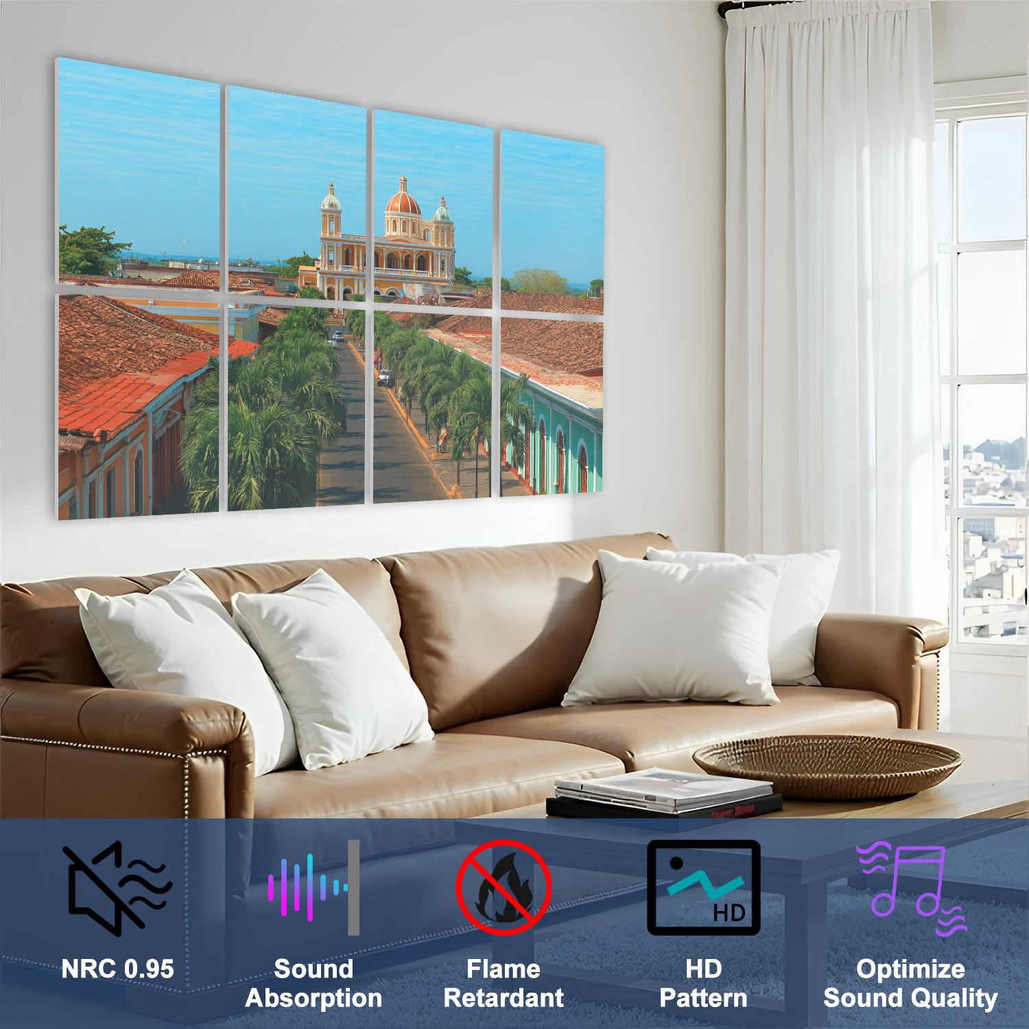 8 Pack Art Acoustic Panels Sound Absorbing granada cityscape nicaragua old mediterranean towns Decorative Soundproof Wall Panels Self Adhesive for Nursery Game Room Bedroom 48"x32"