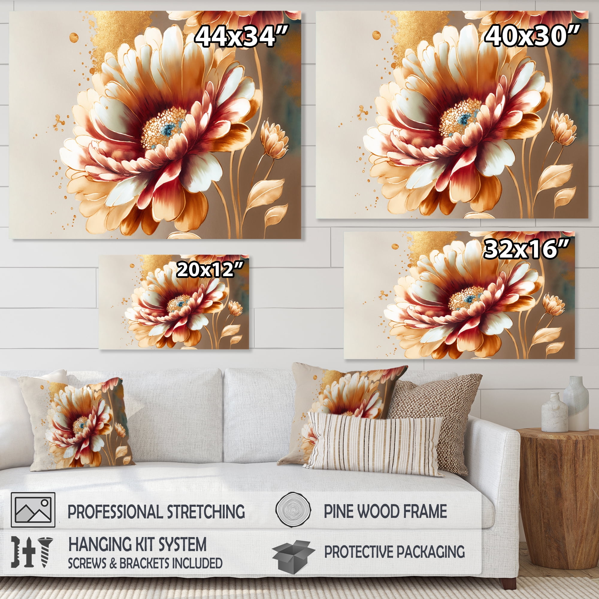 Designart Red And Gold Daisy Canvas Wall Art