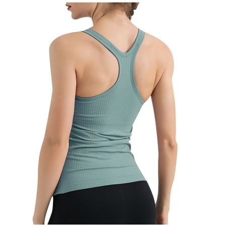 Spandex Rib Tank Top Built in Bra Women Sleeveless Racerback Padded Workout Yoga Tanks Casual Summer Clothes (Small  Blue)