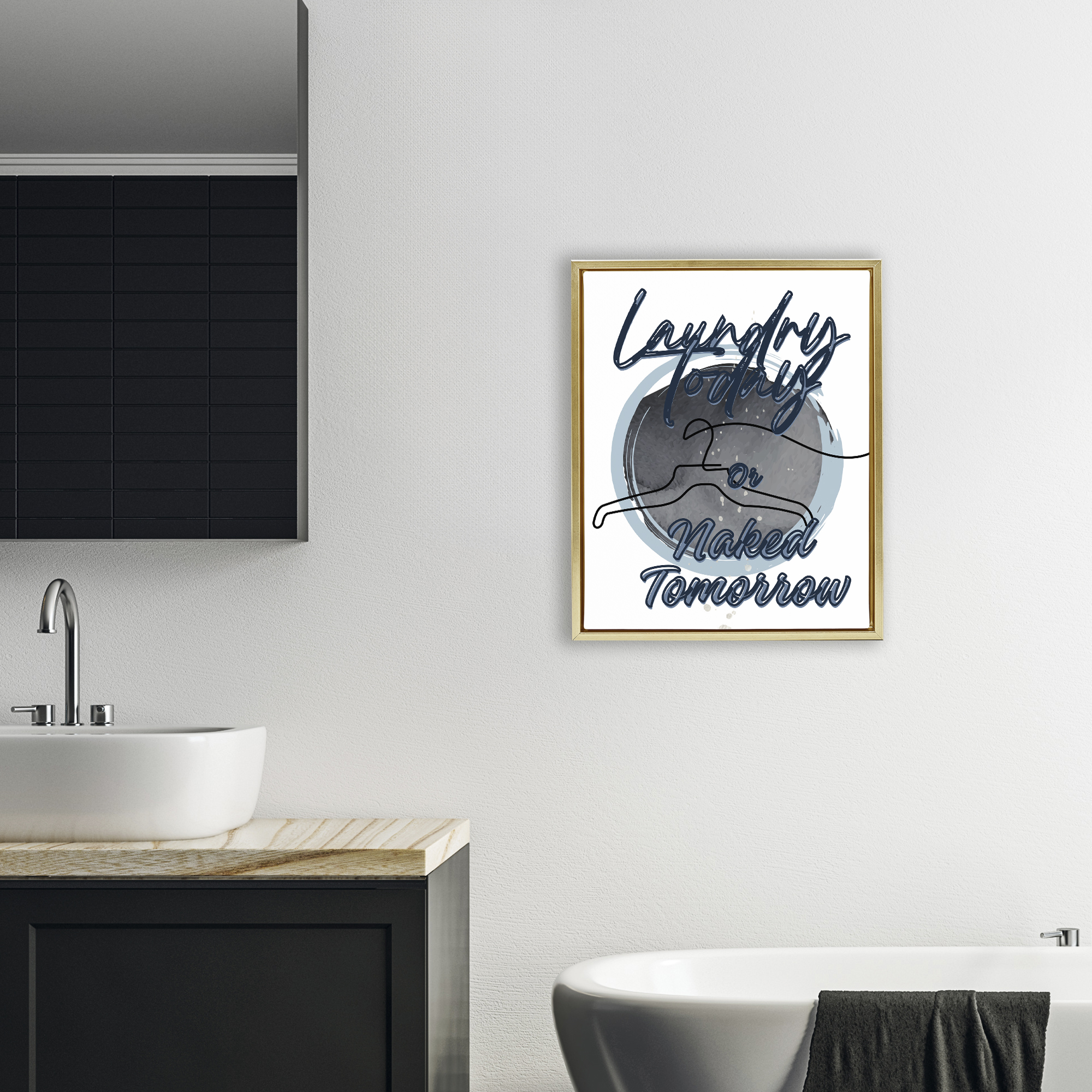 Laundry Phrase with Hanger Contour Gold Framed Floater Canvas Wall Art, design by Jesse Keith