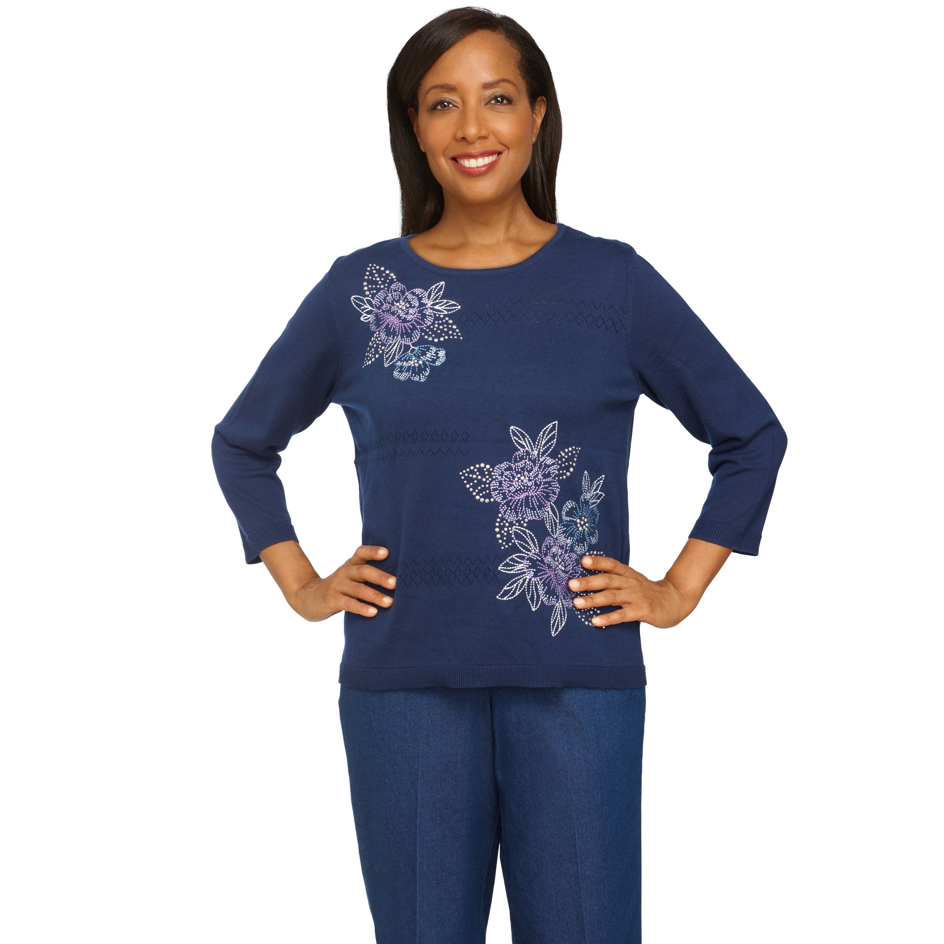 Alfred Dunner Womens Petite Asymmetric Floral Embroidered Lightweight  Sweater - Walmart.com