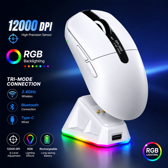 T-WOLF X12 Wireless Gaming Mouse, PAW3311 Sensor, 12000DPI, Lightweight, RGB Charging Dock, Tri-Mode Connectivity - White
