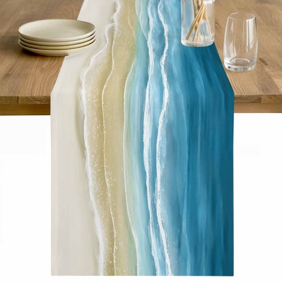 Blue Summer Beach Coastal Table Runner - 70 Inch Long Nautical Beige Seaside Cotton and Linen Blended Dress Scarves Farmhouse Table Runner for Kitchen Dining, Coffee Table, 13" x 70"