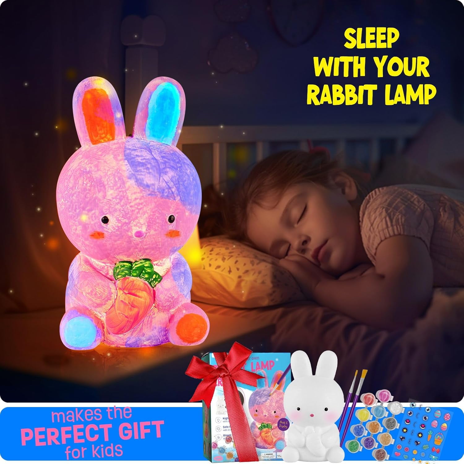 Easter Paint Your Own Bunny Lamp Kit, Art Supplies Crafts Kit, Accompany Comfort Light, Painting Kit for 6-12, Arts Crafts Toys Birthday Valentines Day's Easter Gift Ages 6 7 8 9 10 11 12+