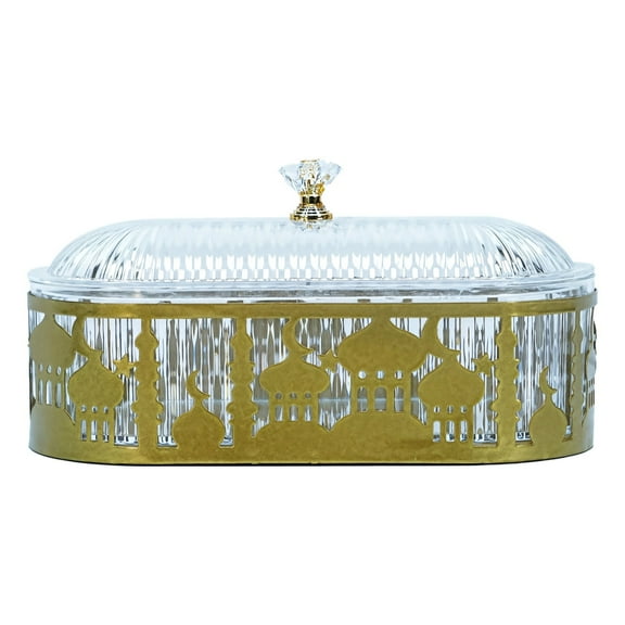 2 Set of Ramadan Serving Tray, Glass Candy Boxes with Gold Metal Base & Crystal Handle, Decorative Hollow-Out Design with Musical Pattern, Elegant Table Decor for Eid And Islamic Celebrations