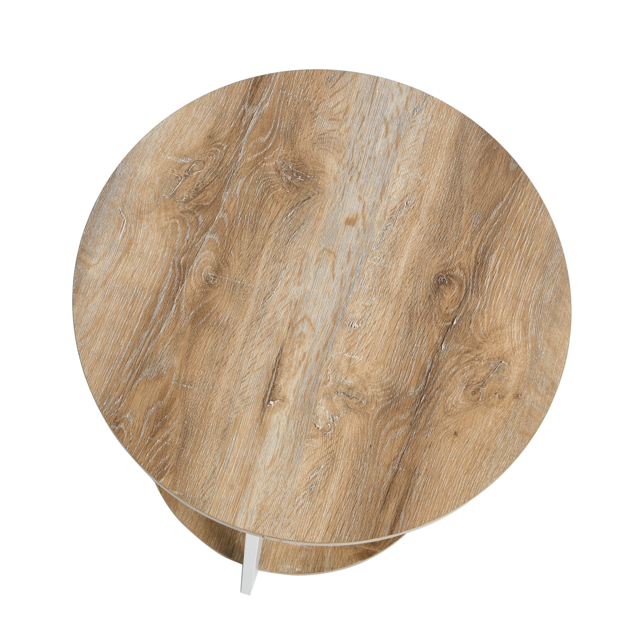 Household Essentials Jamestown Round Side End Table with Storage Shelf Coastal Oak Rustic Wood Grain and White Metal