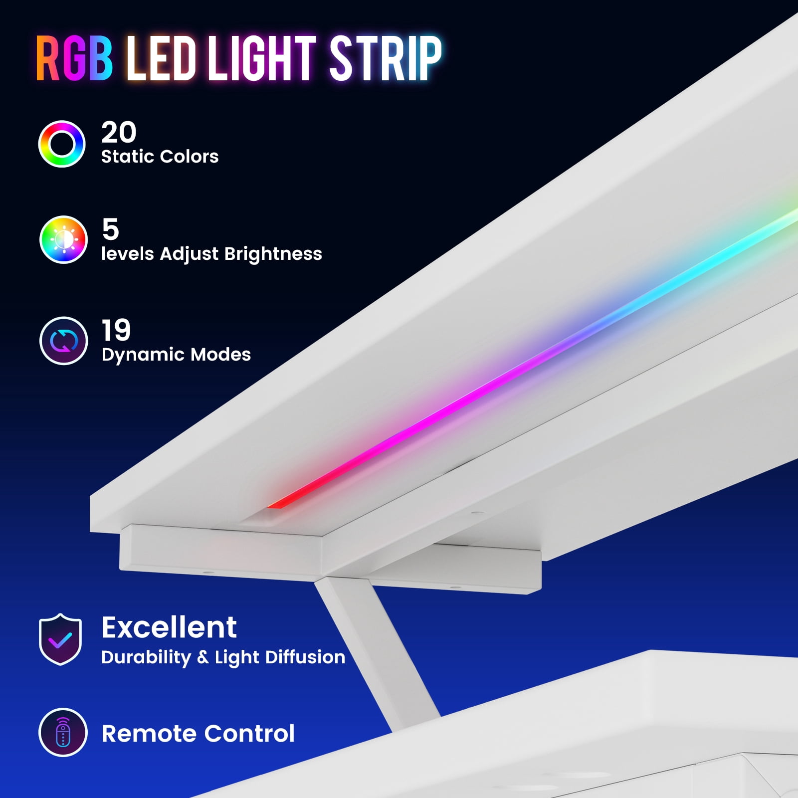 CLOUDREST PRO 42" L-Shaped Computer Desk, Power Outlets & RGB LEDs, White