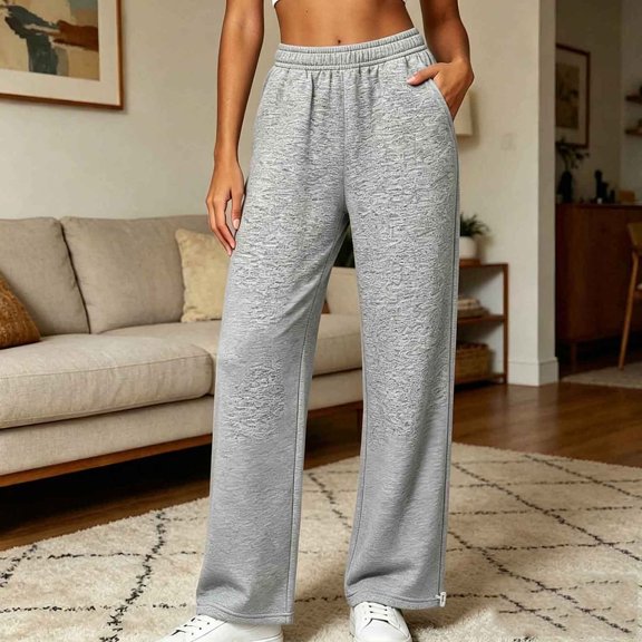 BRELIL Women's High Waisted Straight Leg Sweatpants with Pockets Casual Loose Lounge Pants Solid Officewear Long Trousers Fashion Outfits, Dark Gray M