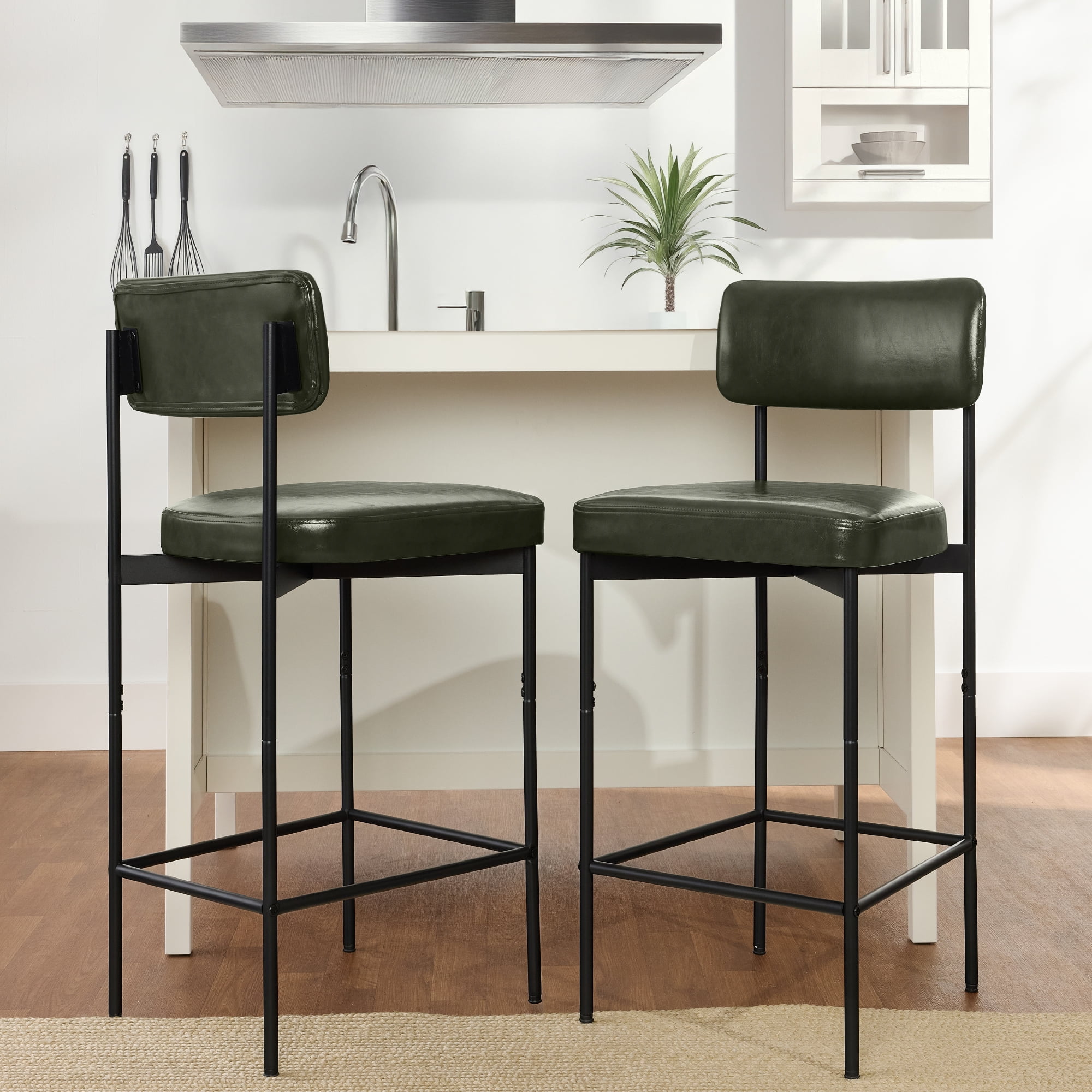 Best Choice Products Set of 2, Armless Counter Height Bar Stools, Modern PU Faux Leather Stools - Moss Green