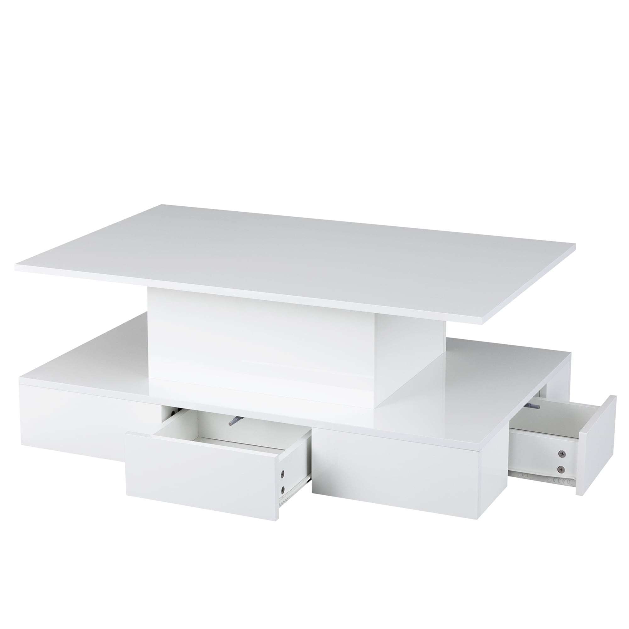 White LED Coffee Table for Living Room, PAPROOS Modern High Glossy Center Table with 4 Drawers, Smart Cocktail Table Rectangle, Sofa Side Tea Tables with LED Lights, 41"L×25"W×16"H