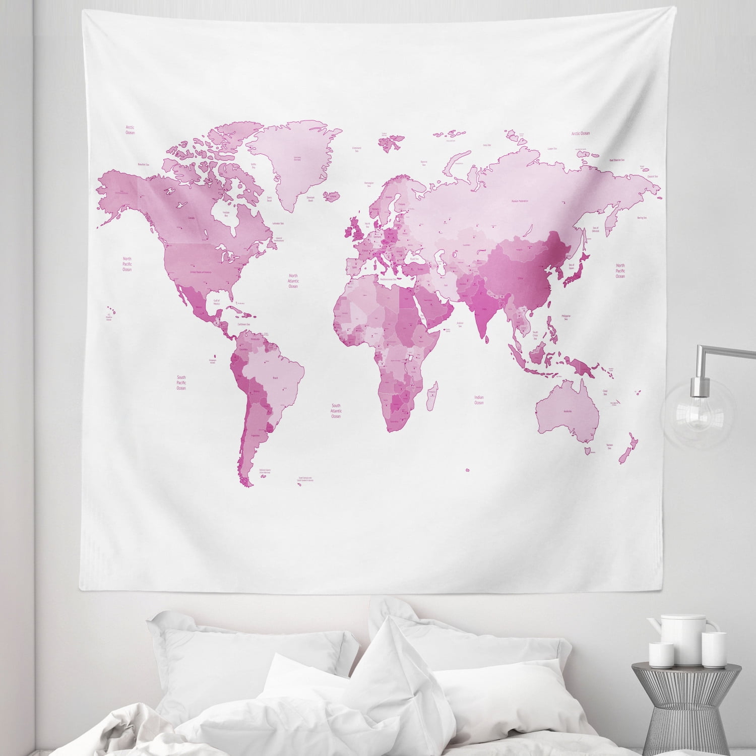 Pale Pink Tapestry, World Map Continents Island Land Pacific Atlas ...