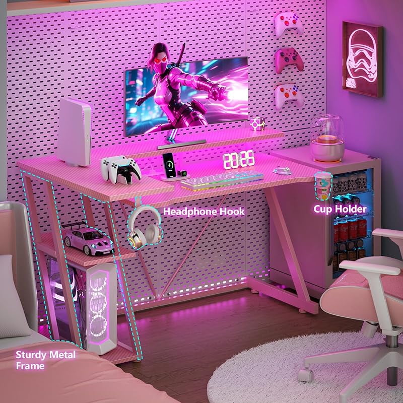 40 Inch Gaming Desk with Power Outlet & LED Lights, L Shaped Computer Gaming Table with 3 Tiers Storage Shelves, Corner Gamer Desk with Monitor Stand for Small Space,