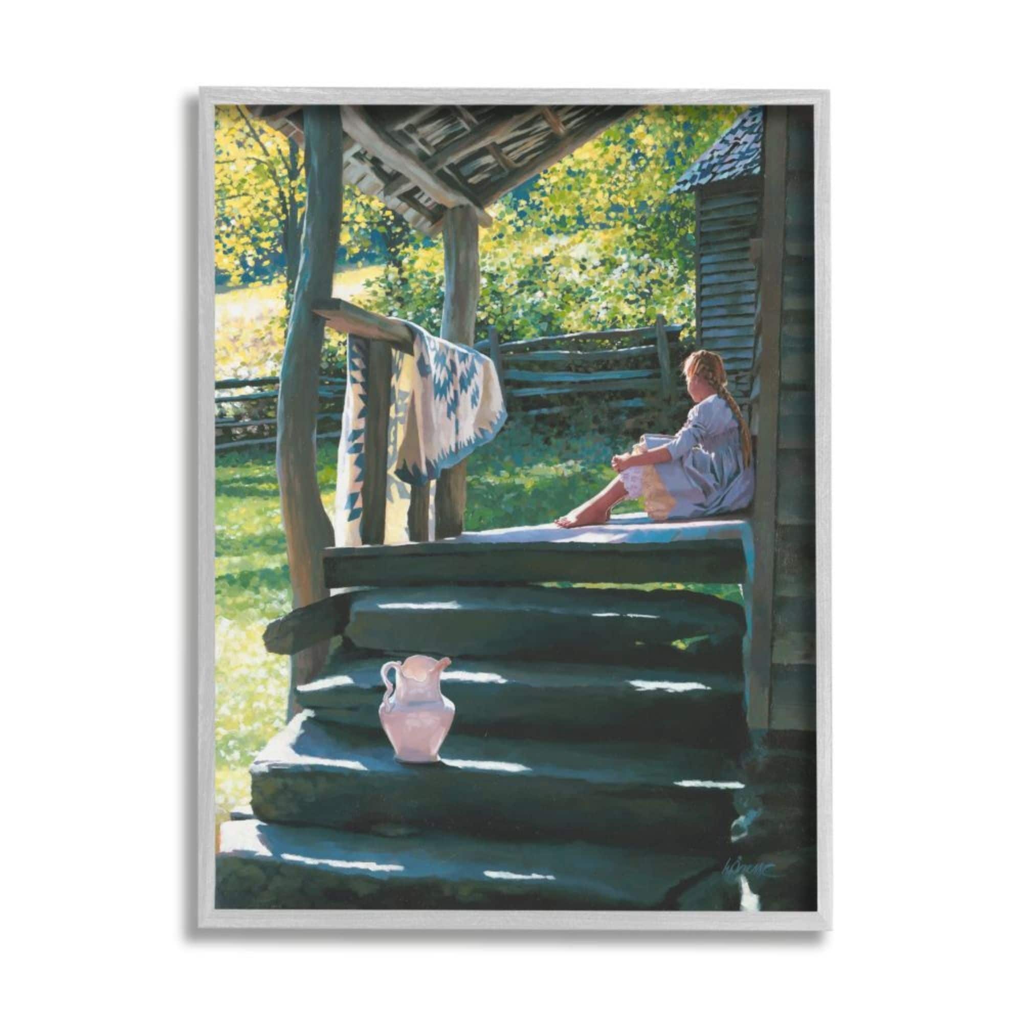 Stupell Industries Girl Sitting on Cottage Porch with Quilt Design by Heide Presse, 16" x 20", Black Framed
