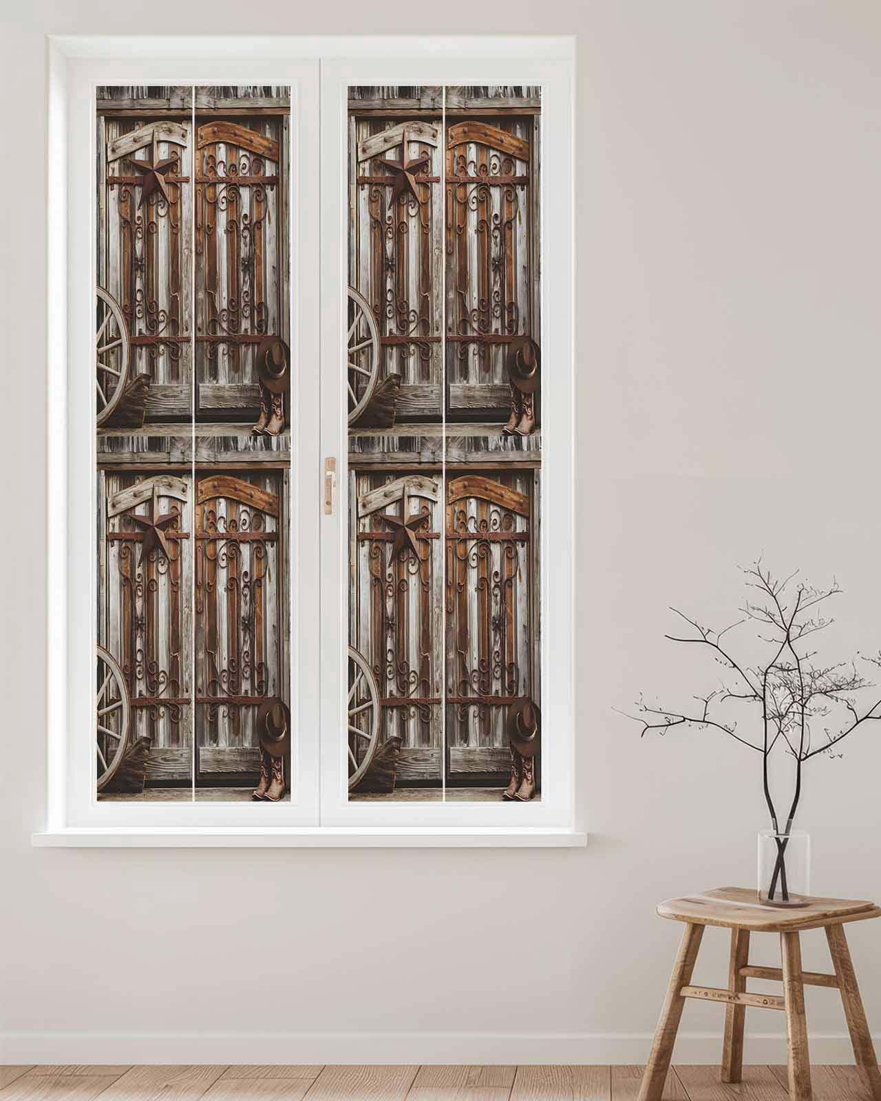 Window Privacy Film Retro Brown Door Stained Glass Window Film Decorative Sun Block Window Cover Farmhouse Vintage Wooden Door Window Clings Static Adhesive Sticker for Bathroom 29.5"x118"