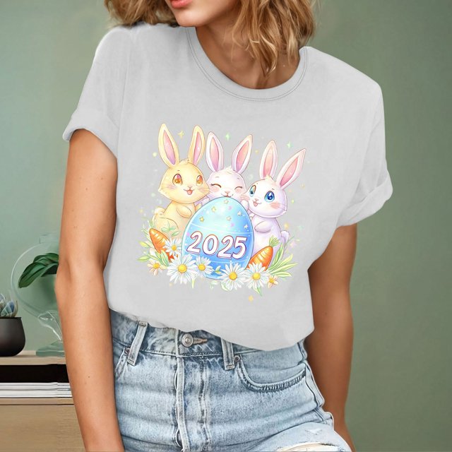 Ounisa T-Shirts à Manches Courtes pour Femmes Col Rond Imprimé Lapin de Pâques Tissu Doux Coupe Ample Printemps Été 2026 Mode Décontractée Quotidienne Confortable Tendance Basique Hauts P-2TG