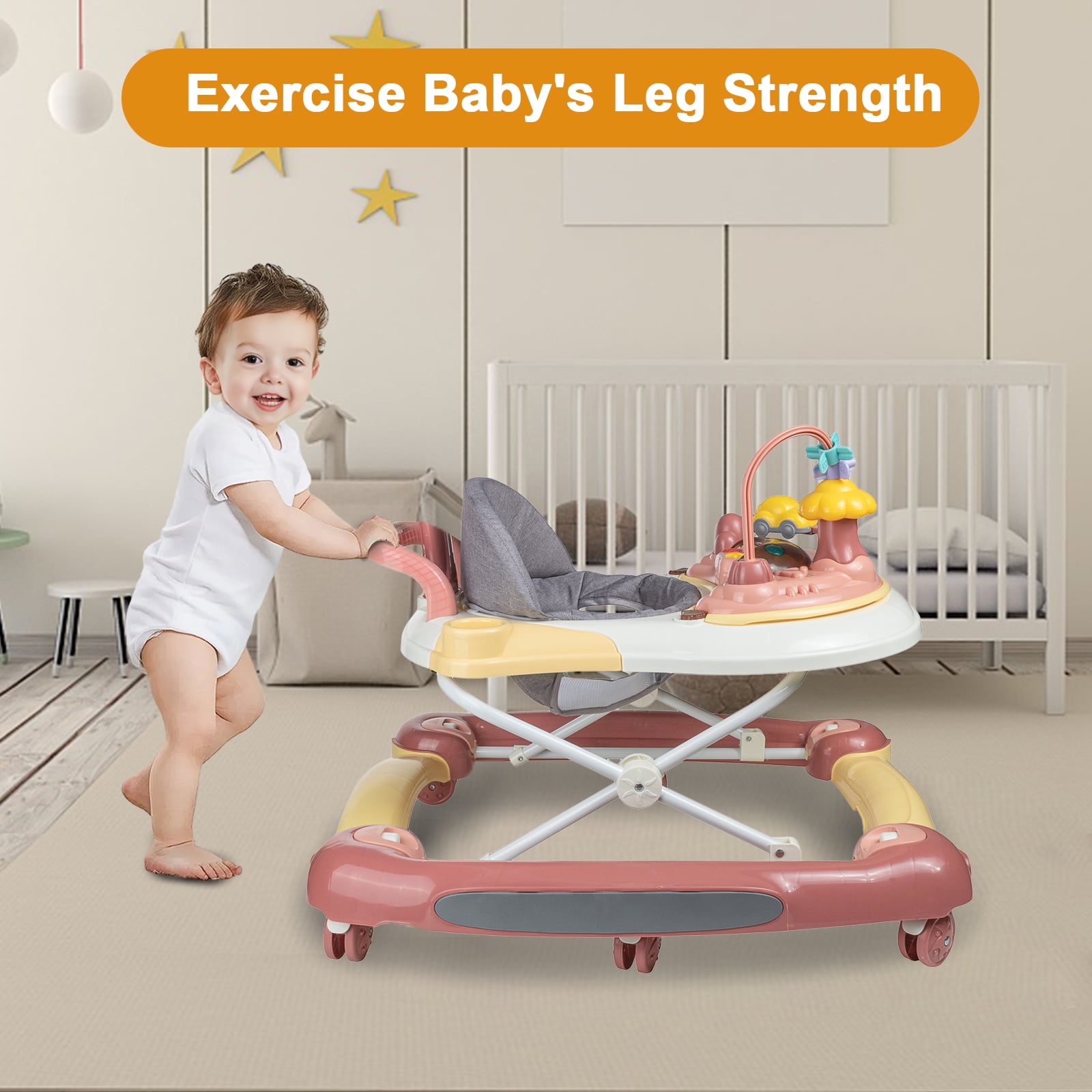 EONROACOO 5-in-1 Baby Walker for Boys Girls, Adjustable Infant Walkers with Wheels(Pink)