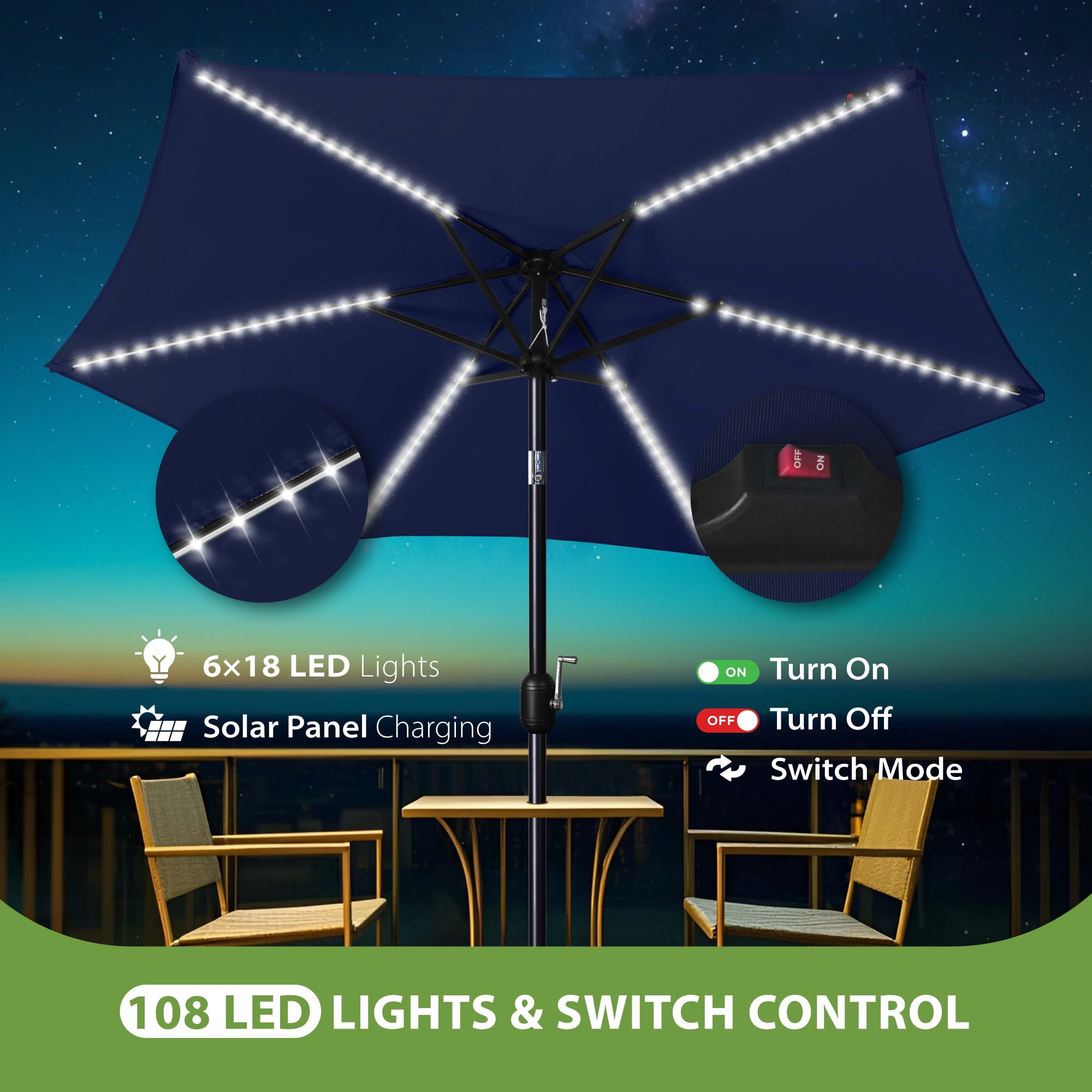 Scafild | 7.5FT Meteor Shower Lights Patio Umbrella, Outdoor Table Umbrella with 108 LED Solar Lights, Push Button Tilt and Crank, Market Umbrella for Garden, Deck, Backyard, Pool - Navy
