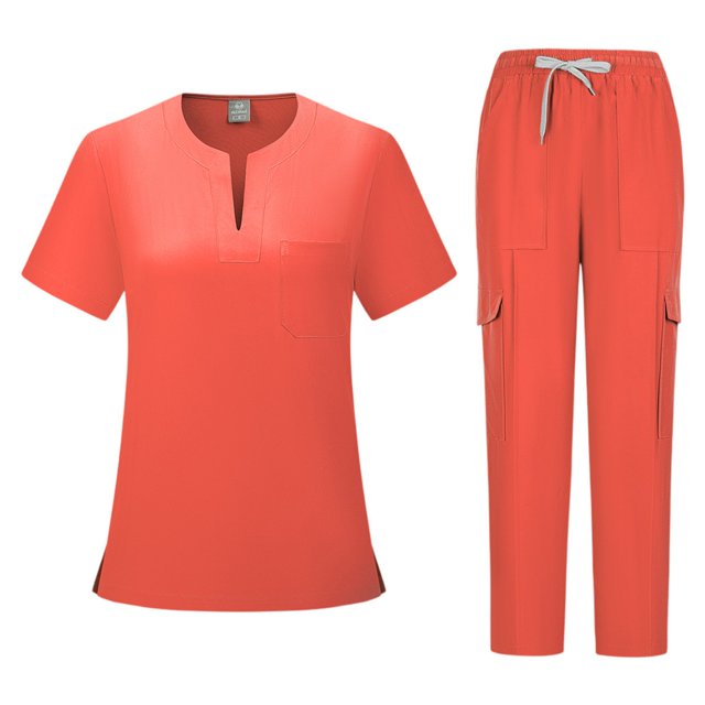 Ktyne Ensemble de Sarraus Rouges pour Femmes Extensible Uniforme d'Infirmière à Manches Courtes Sarrau et Pantalon Jogger de Yoga Couleur Unie Ensembles de Sarraus Médicaux avec Multiples Poches Safran L